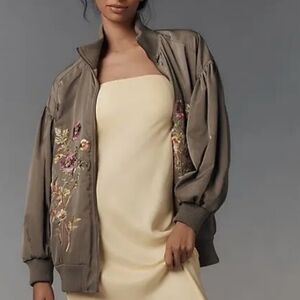 Anthropologie Embroidered Bomber Jacket - Taupe